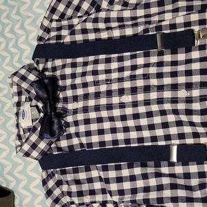 Old navy checkered dress shirt, suspenders and bow tie